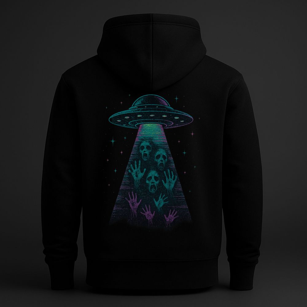 Black hoodie featuring a surreal UFO abduction scene with ghostly faces and raised hands trapped inside an alien beam, cosmic horror artwork on the back