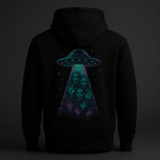 Black hoodie featuring a surreal UFO abduction scene with ghostly faces and raised hands trapped inside an alien beam, cosmic horror artwork on the back