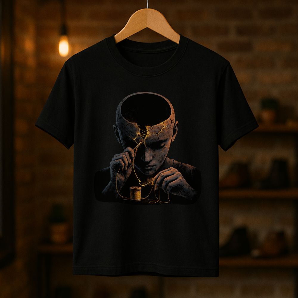Black graphic t-shirt hanging on a wooden hanger featuring a cracked head sewing itself with glowing thread and the words Under Repair