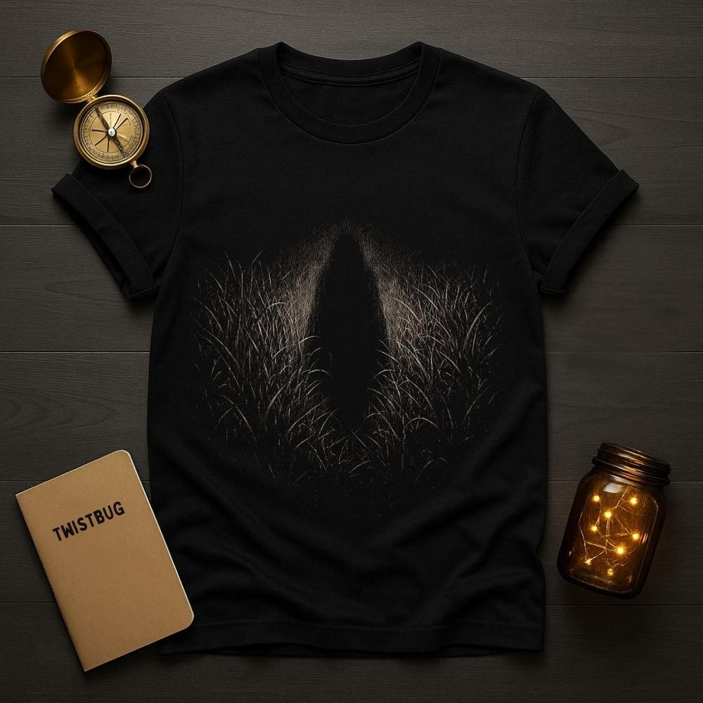Black t-shirt with a design of a hooded figure in grass, placed on a wooden surface with a compass, notebook, and jar.