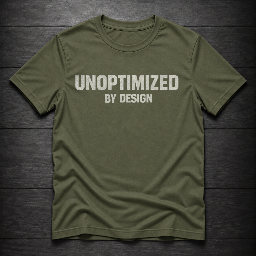 An olive green crewneck t-shirt with the text 'UNOPTIMIZED BY DESIGN' printed in white across the chest, laid flat on a dark wood plank background.