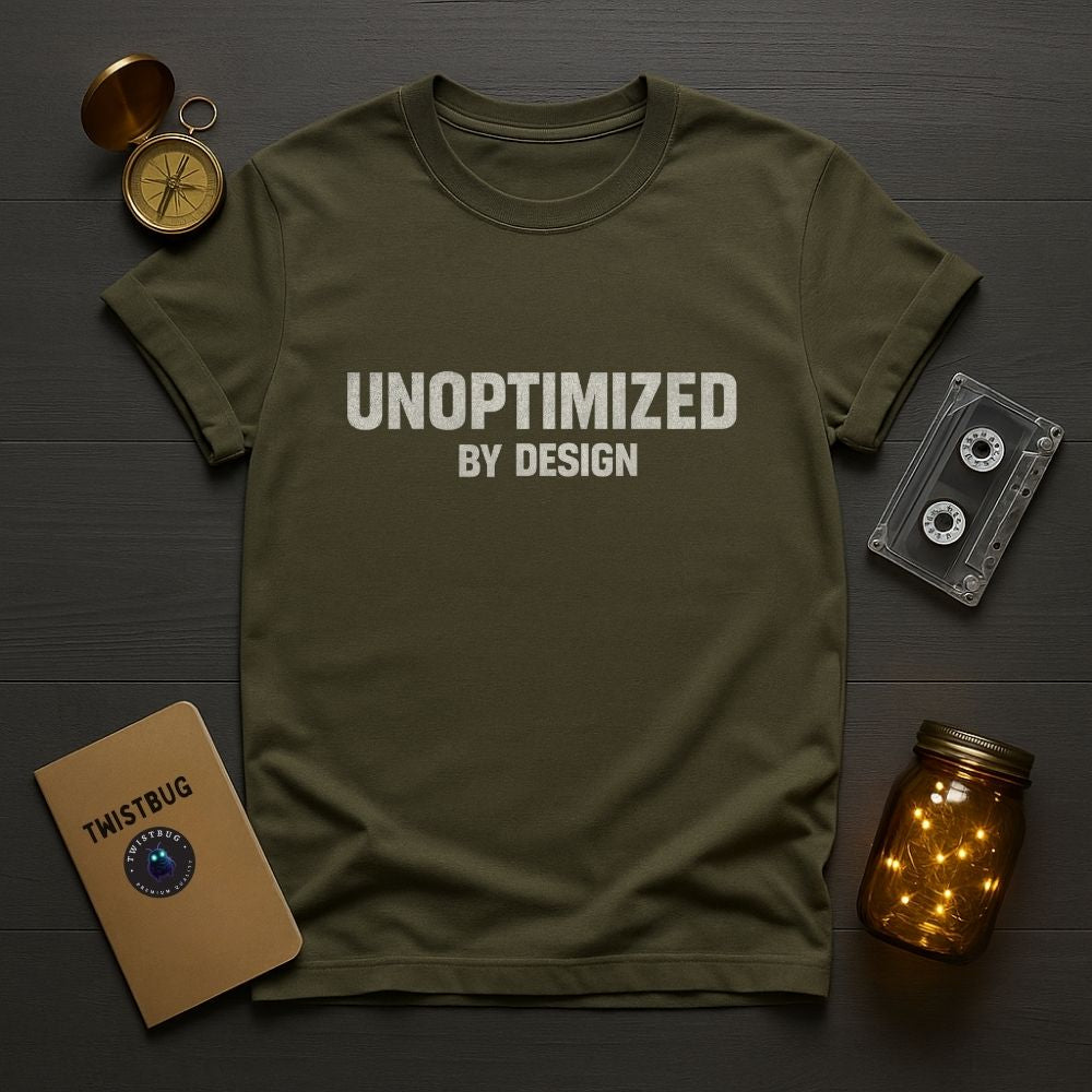Green t-shirt with 'UNOPTIMIZED BY DESIGN' text on a wooden surface with vintage items.