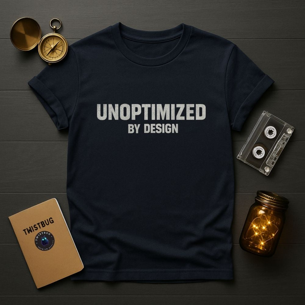 Black t-shirt with 'UNOPTIMIZED BY DESIGN' text on a wooden surface with vintage items.