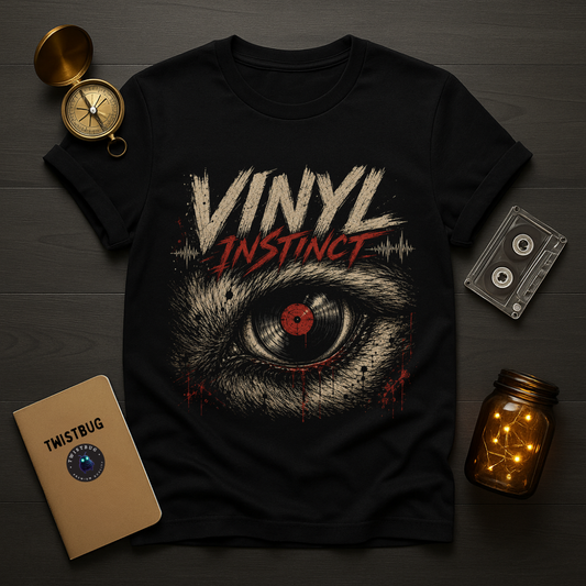 Black t-shirt with 'Vinyl Instinct' design on a wooden surface with vintage items.