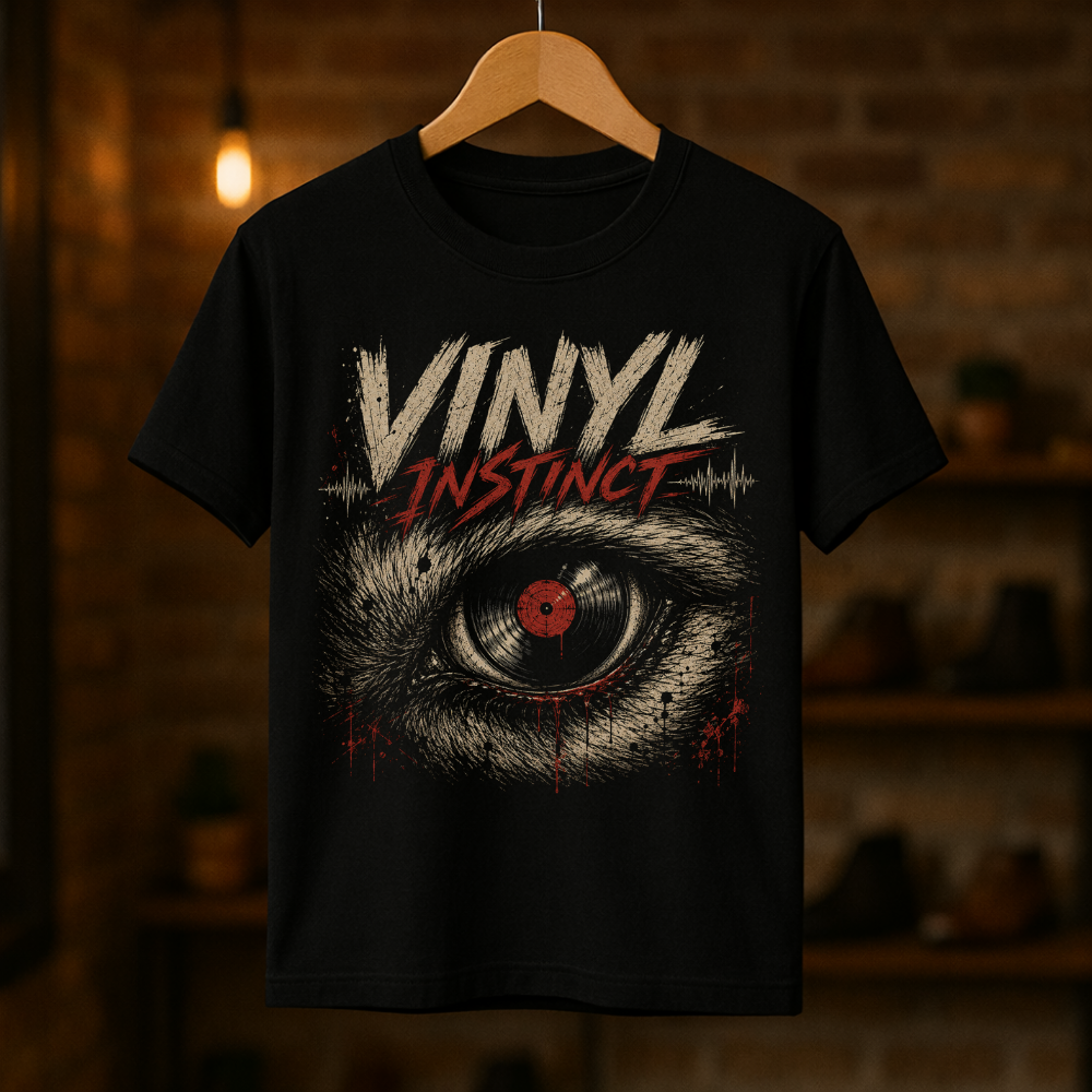 Black t-shirt with 'Vinyl Instinct' design on a wooden hanger against a dark background