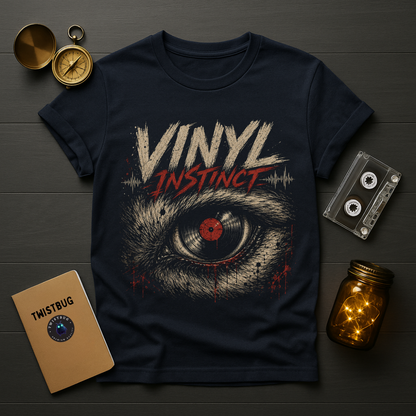 Black t-shirt with 'Vinyl Instinct' design on a wooden surface with vintage items.