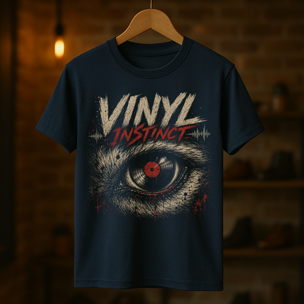 Navy blue t-shirt with eye graphic and 'Vinyl Instinct' text on a wooden hanger against a dark background.