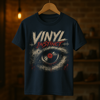 Navy blue t-shirt with eye graphic and 'Vinyl Instinct' text on a wooden hanger against a dark background.