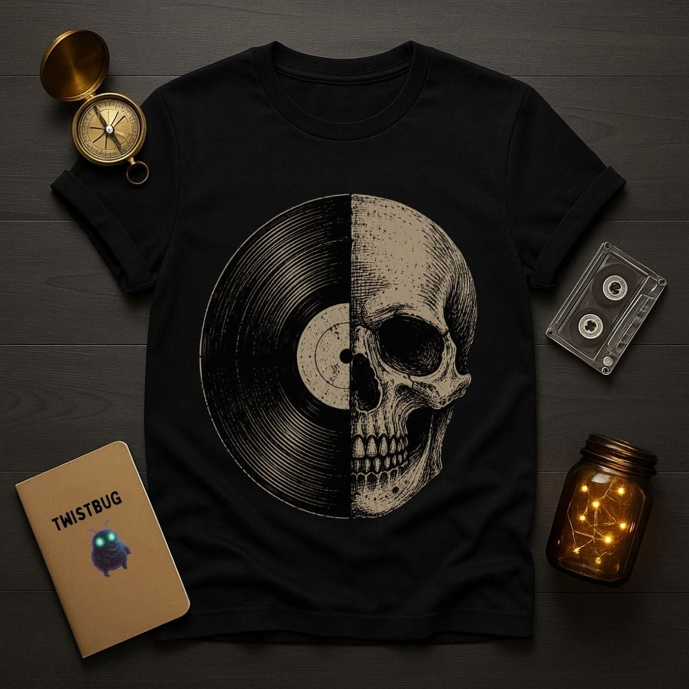 A black short-sleeve T-shirt laid flat on a dark wood surface, featuring a large graphic of a vinyl record and a skull split down the middle. Surrounding props include a compass, a cassette tape, a notebook labeled TWISTBUG, and a lit mason jar.