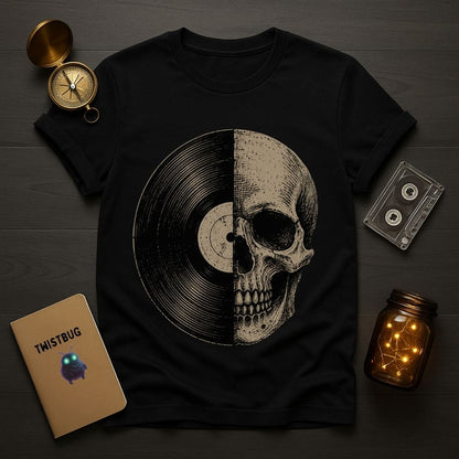 A black short-sleeve T-shirt laid flat on a dark wood surface, featuring a large graphic of a vinyl record and a skull split down the middle. Surrounding props include a compass, a cassette tape, a notebook labeled TWISTBUG, and a lit mason jar.