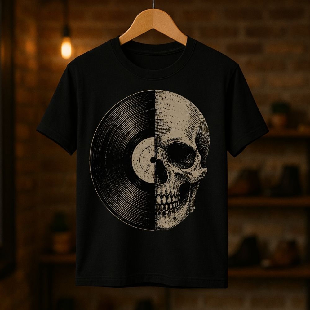 A black short-sleeve t-shirt hanging on a wooden hanger against a warm, blurred brick wall background. The shirt features a large graphic print of a human skull seamlessly merged with a vinyl record.