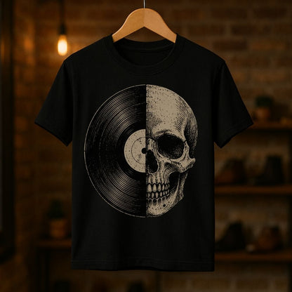 A black short-sleeve t-shirt hanging on a wooden hanger against a warm, blurred brick wall background. The shirt features a large graphic print of a human skull seamlessly merged with a vinyl record.