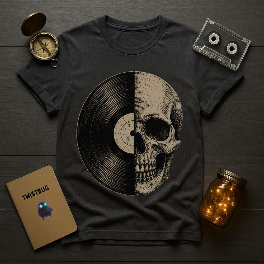 A dark charcoal gray t-shirt with a graphic of a split vinyl record and skull, styled in a flat-lay arrangement with a vintage compass, cassette tape, notebook, and mason jar on a dark wood background.