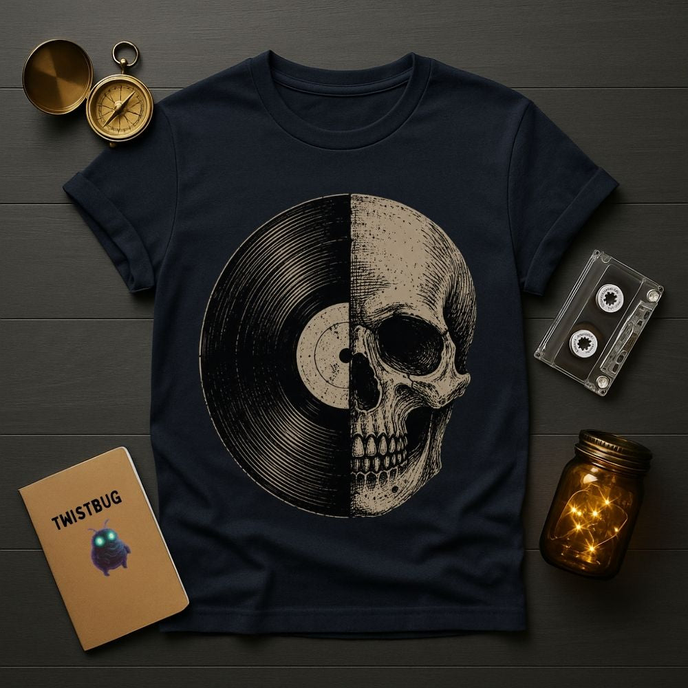 A navy blue t-shirt with a graphic of a split vinyl record and skull, styled in a flat-lay on a dark wood background with vintage props including a pocket watch, cassette tape, notebook, and mason jar with fairy lights.