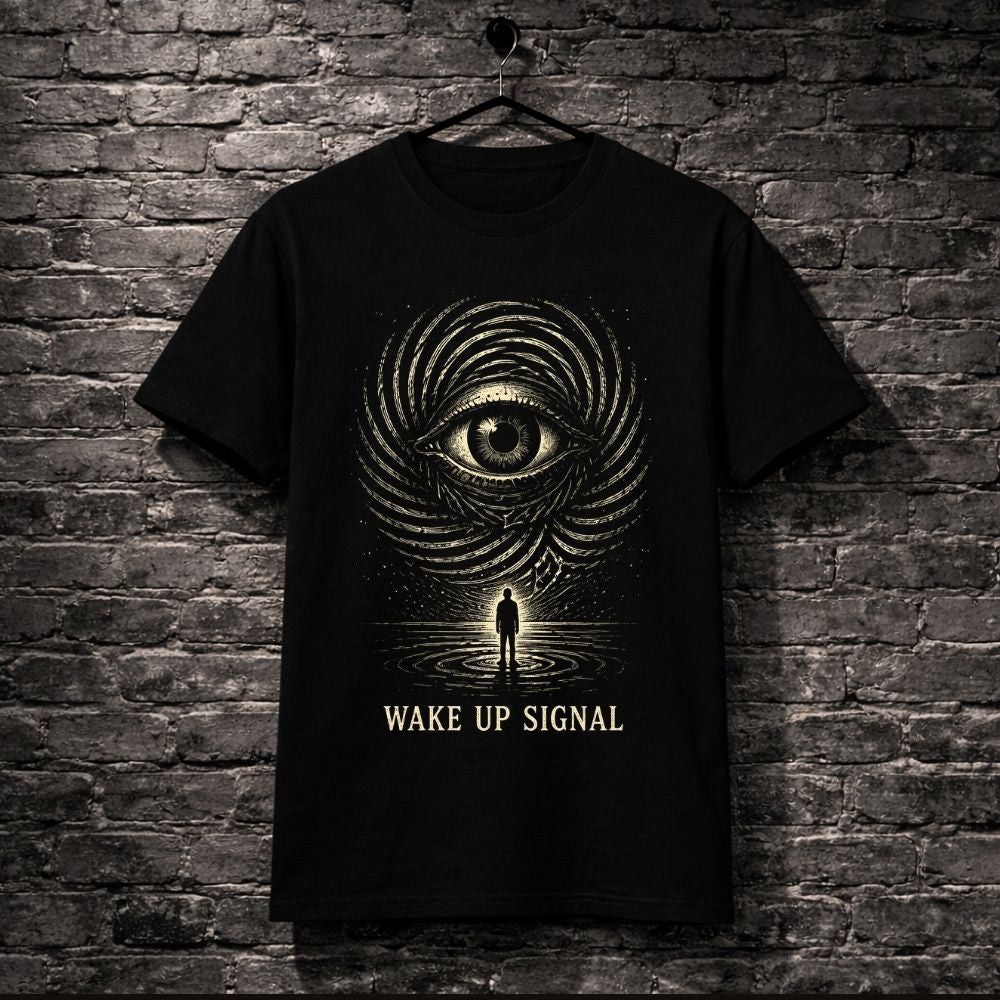Black t-shirt with eye design and 'Wake Up Signal' text on a brick wall background
