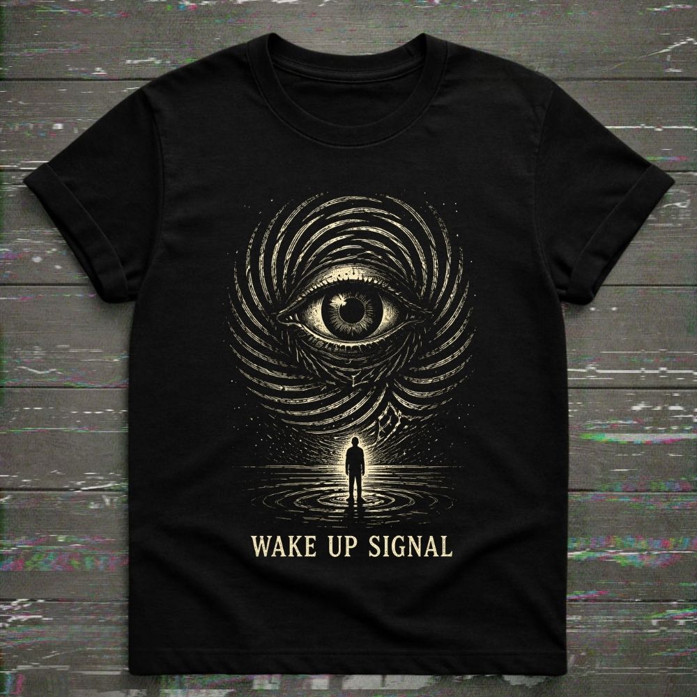 Black t-shirt with eye design and 'Wake Up Signal' text on a wooden surface