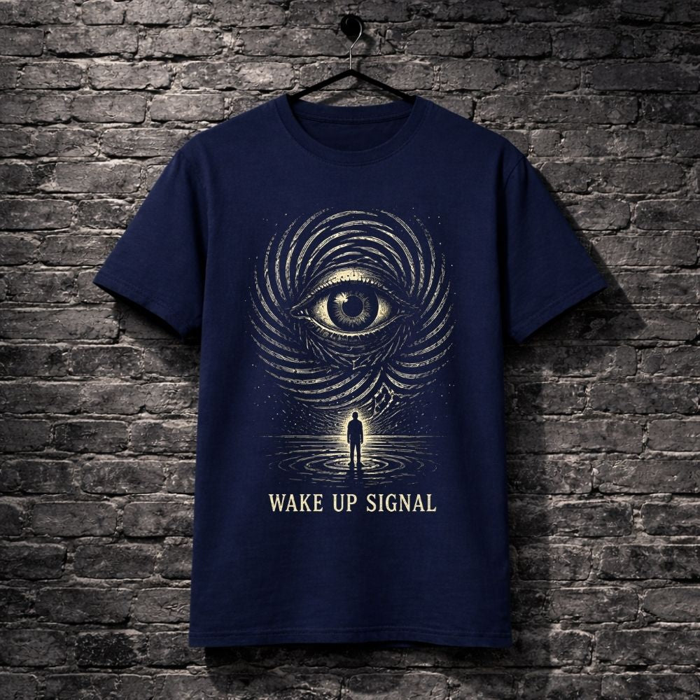 Navy blue t-shirt with eye design and 'Wake Up Signal' text on a brick wall background