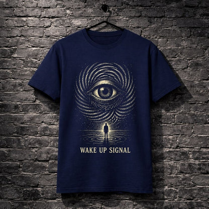 Navy blue t-shirt with eye design and 'Wake Up Signal' text on a brick wall background
