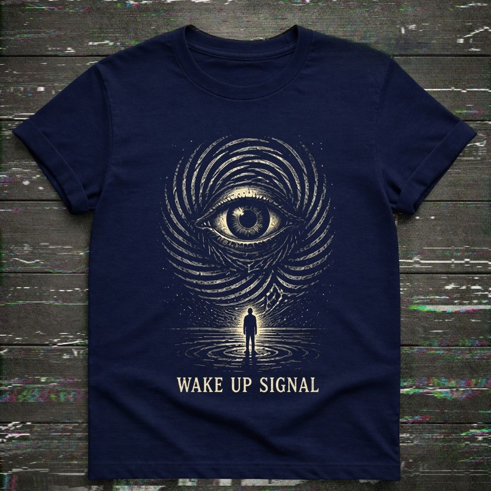 Navy blue t-shirt with eye design and 'Wake Up Signal' text on a textured surface