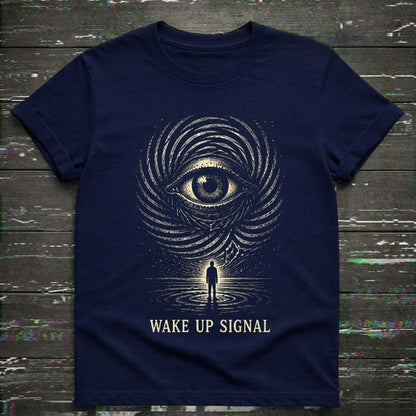 Navy blue t-shirt with eye design and 'Wake Up Signal' text on a textured surface