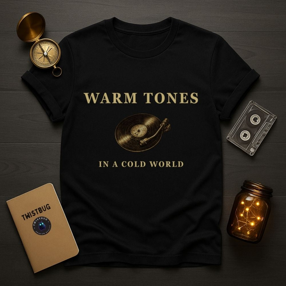 Black t-shirt with 'Warm Tones in a Cold World' text and graphic on a wooden surface with decorative items.