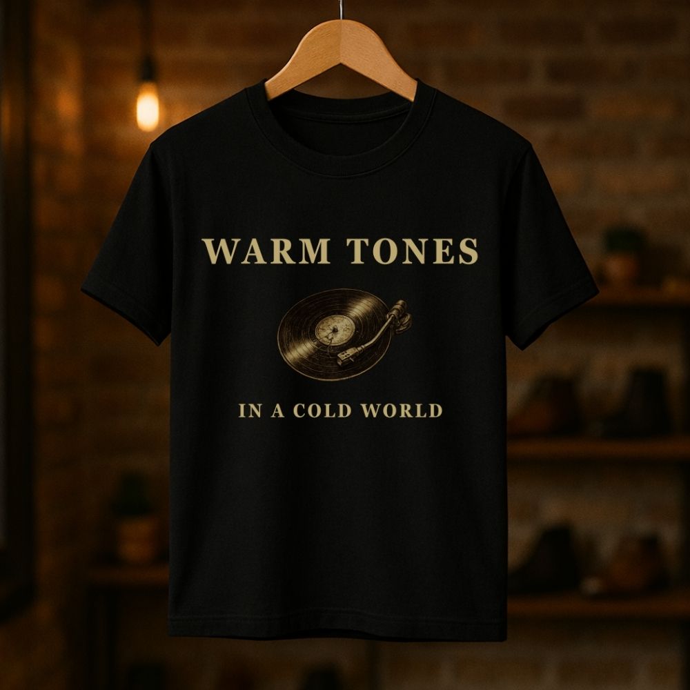 Warm Tones in a Cold World analog soul t-shirt hanging on black fabric background