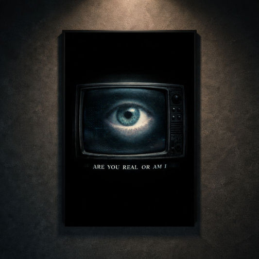 A large human eye displayed on a vintage television screen in a dark room, symbolizing surveillance and distorted reality