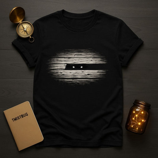 Dark folklore T-shirt with glowing eyes hidden behind weathered wood texture