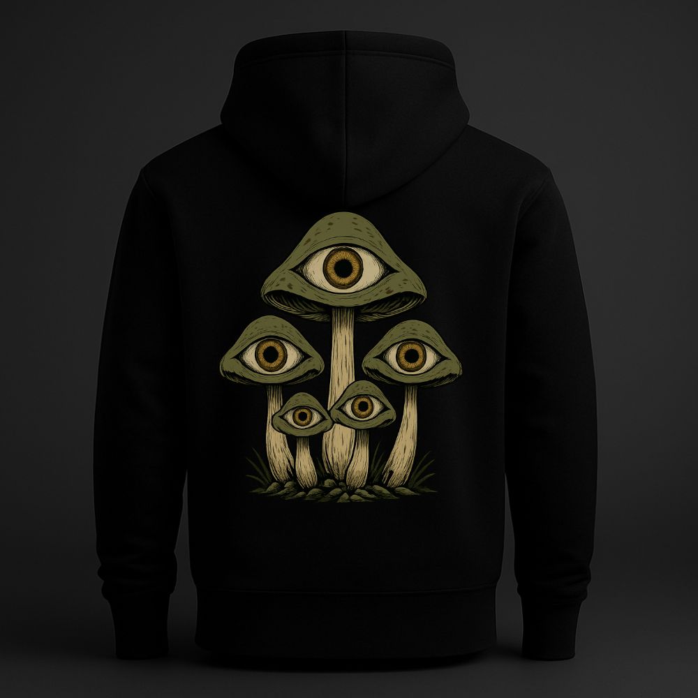 Black hoodie with surreal psychedelic mushroom illustration featuring multiple unblinking eyes, dark cult streetwear design