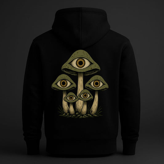 Black hoodie with surreal psychedelic mushroom illustration featuring multiple unblinking eyes, dark cult streetwear design