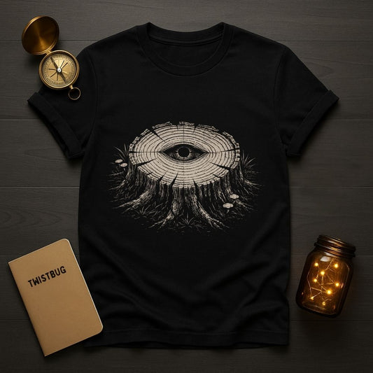 Black t-shirt with eye design, compass, notebook, and jar on a wooden surface