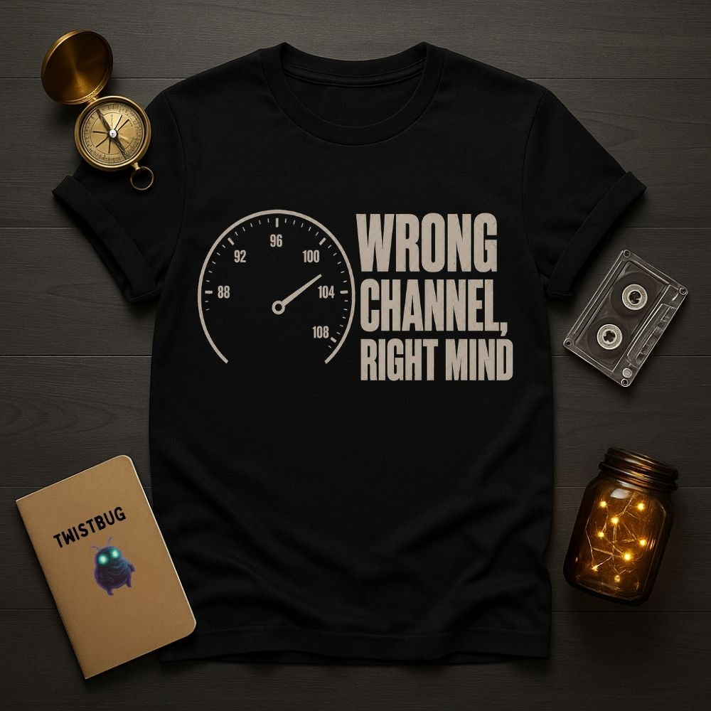 A black graphic t-shirt laid flat on a dark wood background, surrounded by decorative props including a compass, cassette tape, notebook, and mason jar. The shirt features a white speedometer graphic and the text 'WRONG CHANNEL, RIGHT MIND'.