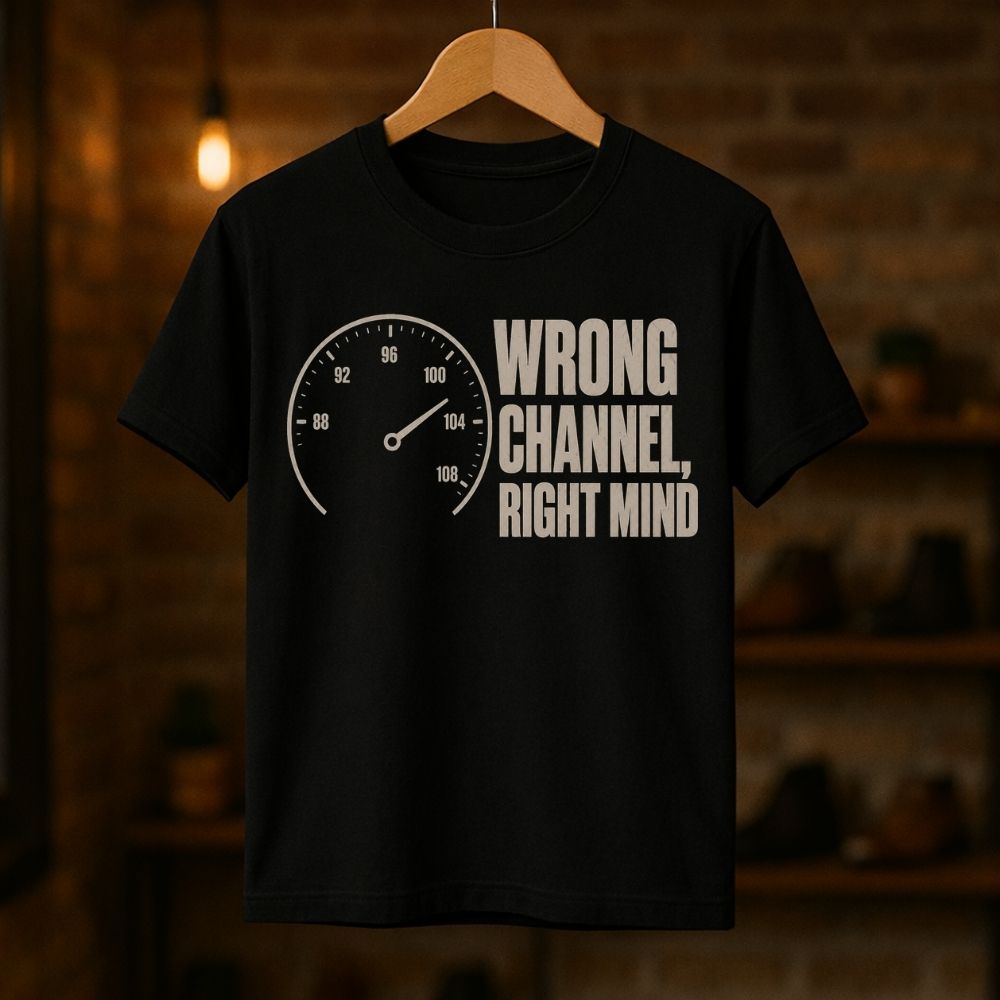 A black short-sleeve t-shirt hanging on a wooden hanger against a warm, blurred brick wall background. The shirt features a white graphic print of a speedometer on the left and the text 'WRONG CHANNEL, RIGHT MIND' on the right.
