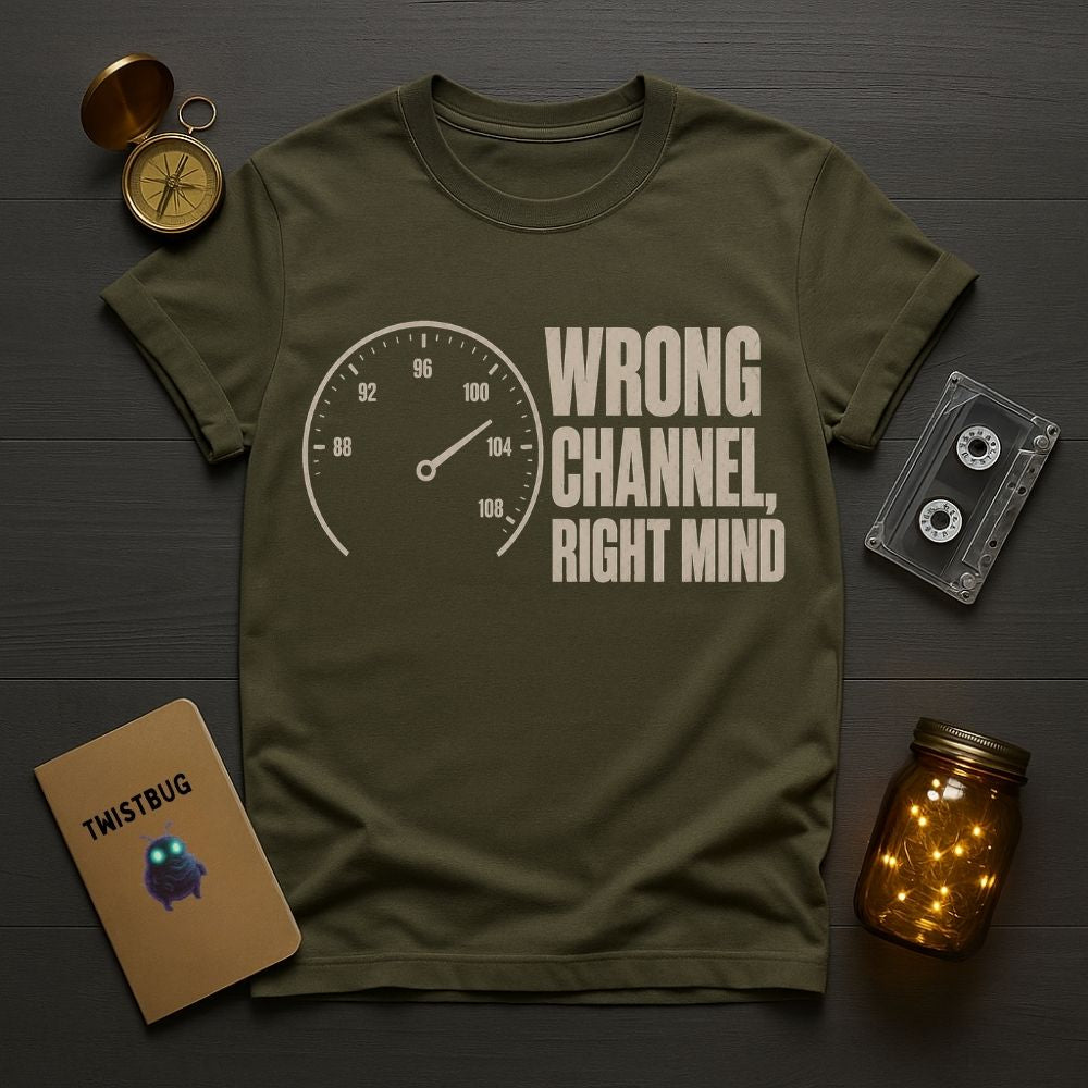 An olive green graphic t-shirt featuring a speedometer and the text 'WRONG CHANNEL, RIGHT MIND' in a distressed cream font. The t-shirt is styled in a flat-lay arrangement on a dark wood background, surrounded by a vintage compass, a notebook labeled 'TWISTBUG', a cassette tape, and a glowing mason jar.