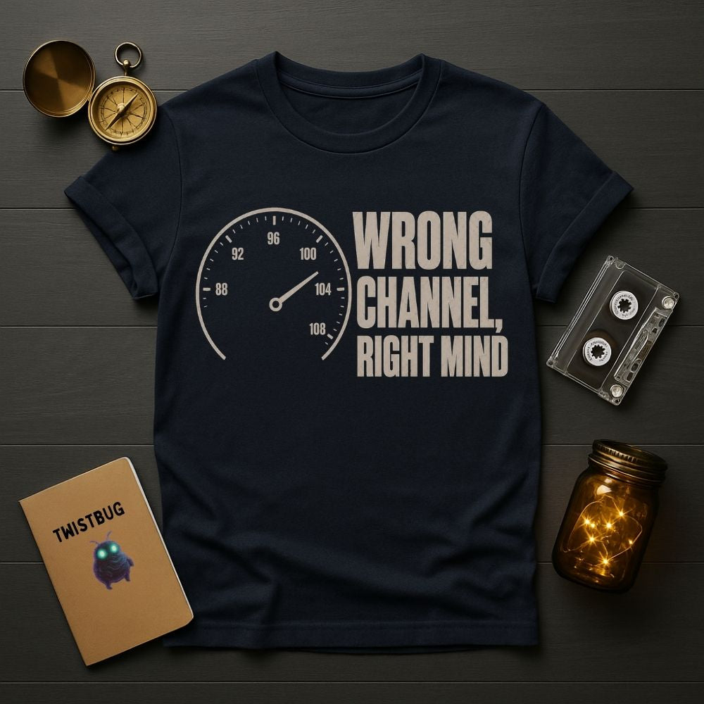 A navy blue graphic t-shirt laid flat on a dark wood background, surrounded by vintage-style props including a pocket watch, cassette tape, notebook, and glowing mason jar. The shirt features a white speedometer graphic and the text 'WRONG CHANNEL, RIGHT MIND'.