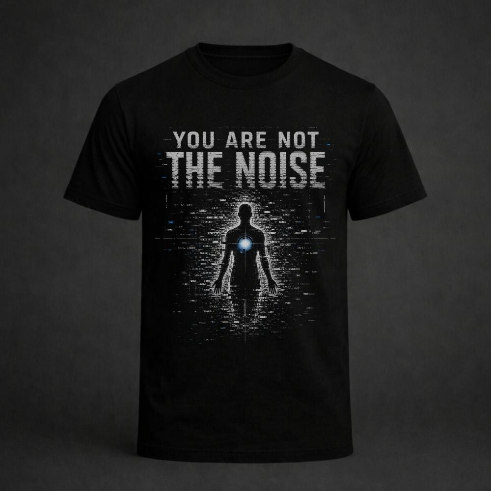 A black short-sleeve t-shirt with a graphic print on the front. The design features the text 'YOU ARE NOT THE NOISE' in a distressed white font above a dark silhouette of a person with a glowing blue chest light, set against a dark gray background.