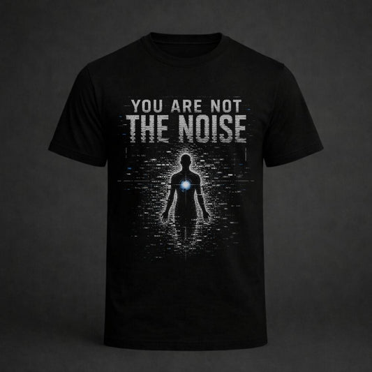 A black short-sleeve t-shirt with a graphic print on the front. The design features the text 'YOU ARE NOT THE NOISE' in a distressed white font above a dark silhouette of a person with a glowing blue chest light, set against a dark gray background.